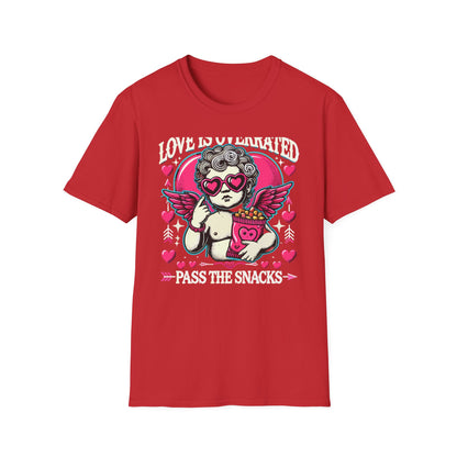 Hilarious 'Love Is Overrated Pass The Snacks' T-Shirt - Anti-Valentine's Day Cupid & Fries Tee. Perfect for Singles & Snack Lovers!