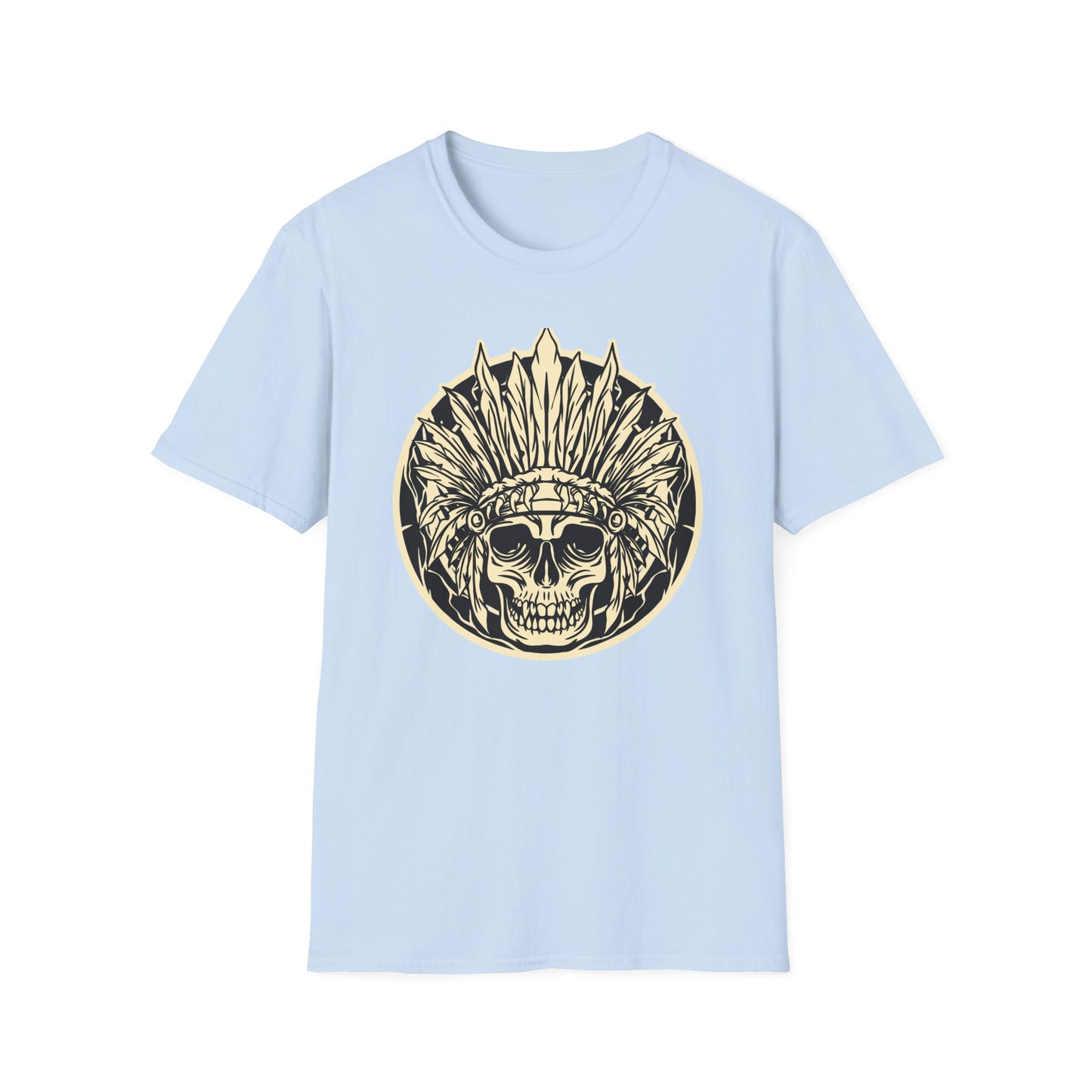 Striking Feather Headdress Skull T-Shirt | Mystic Tribal Warrior Graphic Tee | Bold Unique Apparel for Edgy Souls