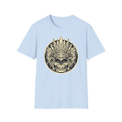 Striking Feather Headdress Skull T-Shirt | Mystic Tribal Warrior Graphic Tee | Bold Unique Apparel for Edgy Souls