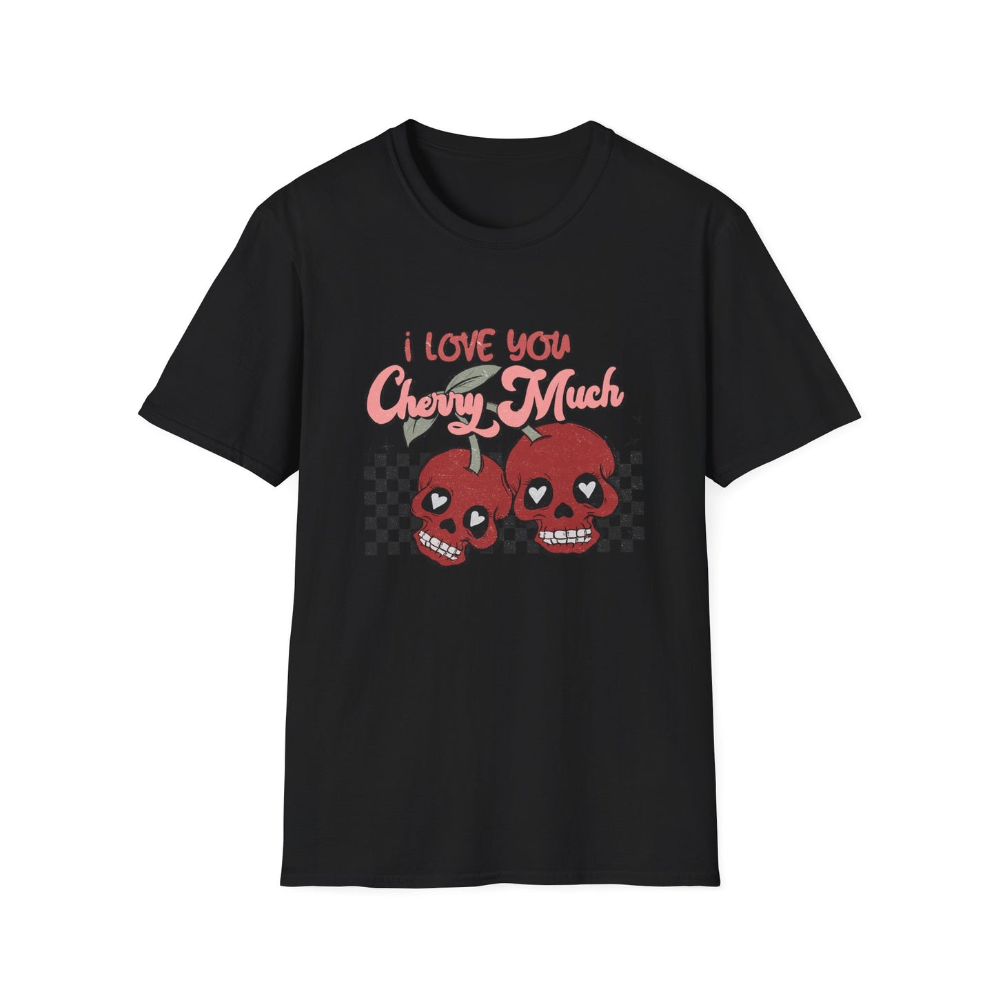 I Love You Cherry Much T-Shirt | Sweet Skull Cherries & Retro Checkerboard Tee | Unique Valentine's Love Pun Top for Couples