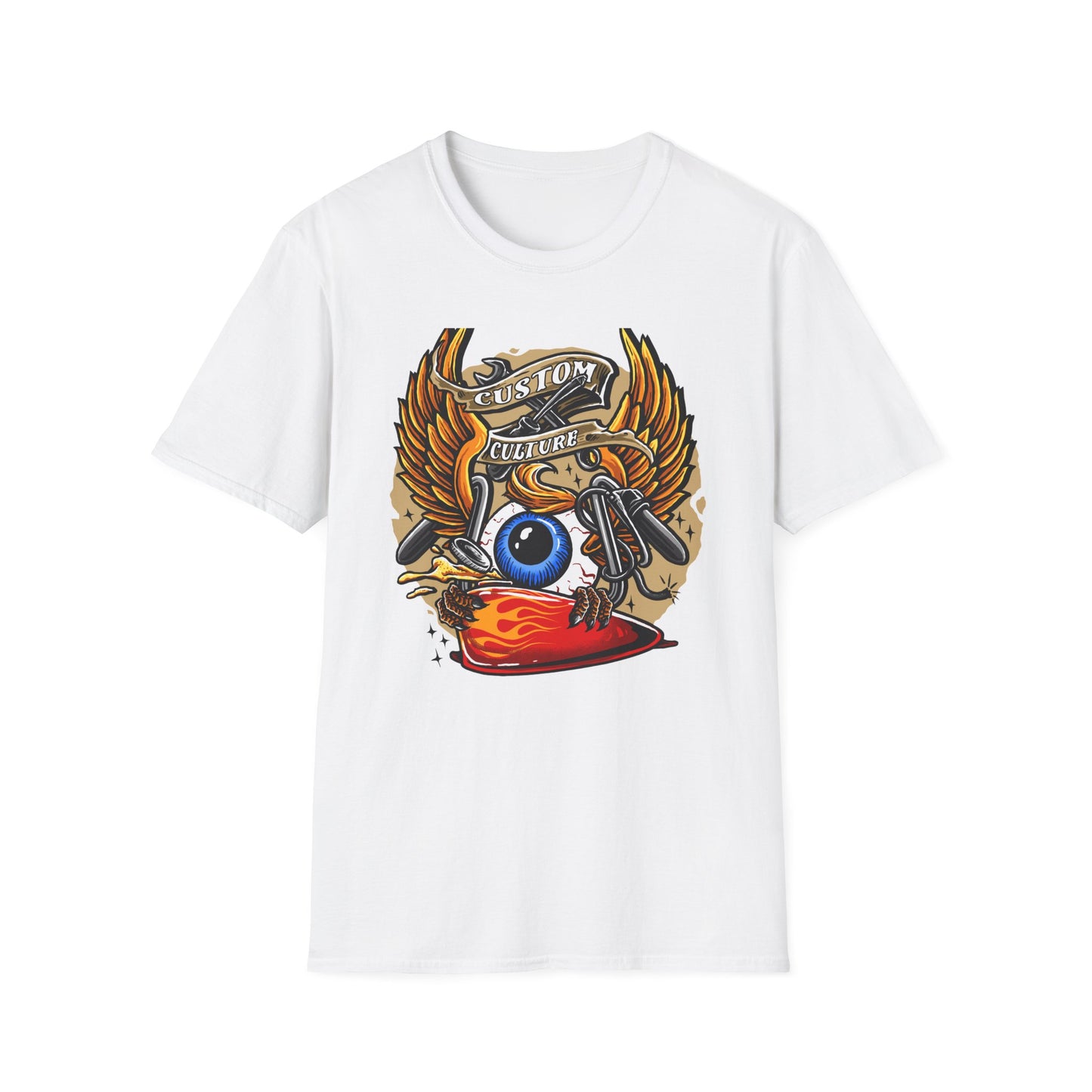 Epic Custom Culture T-Shirt | Bold Flaming Eye & Biker Wings Design | Unleash Your Rebel Spirit - Hot Rod Tee