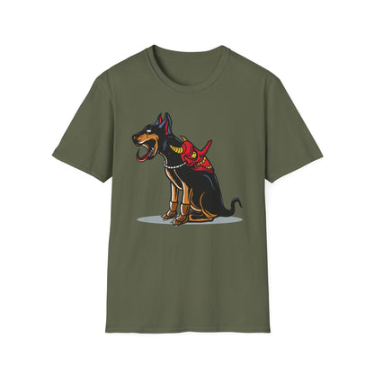 Fierce Doberman Hannya Mask T-Shirt: Epic Japanese Demon Dog Design. Bold Statement Tee for Edgy Dog Lovers & Culture Fans.