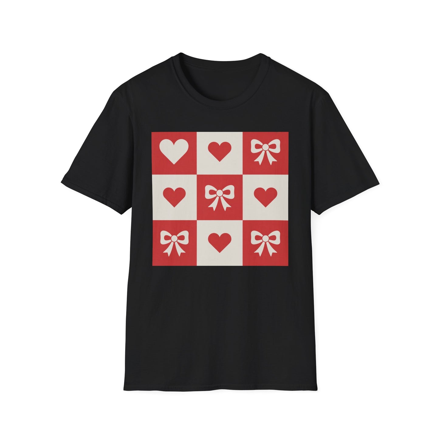 Charming Hearts & Bows Checkerboard T-Shirt | Sweet Love Pattern Tee | Perfect Valentine's Day Gift for Her