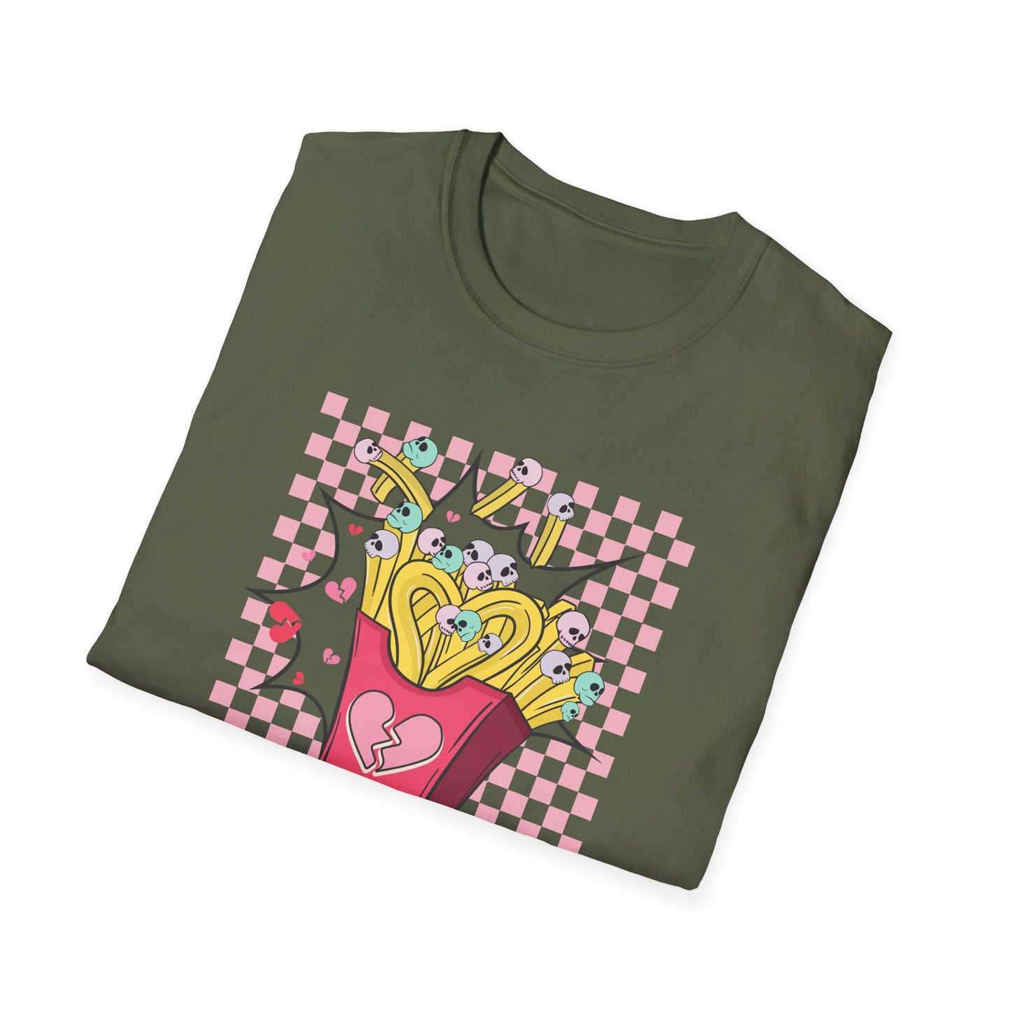 Edgy Skull Fries Broken Heart T-Shirt - Quirky Emo Love Statement Tee - Unique Alt Fashion Gift