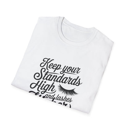 Stunning 'Standards High, Lashes Long' T-Shirt | Empowering Women's Beauty & Confidence Tee | Glam Gift