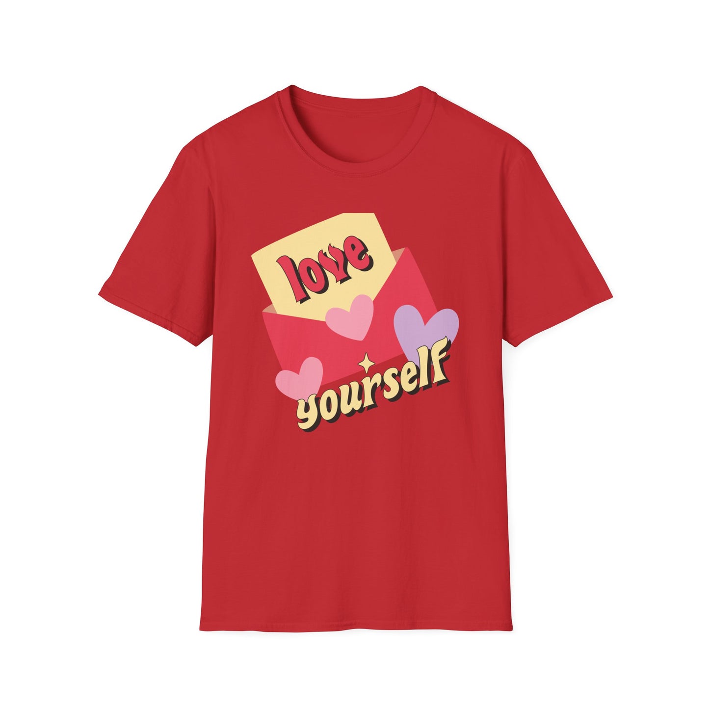 Empowering "Love Yourself" Retro T-Shirt | Chic Self-Care Message Tee | Adorable Hearts & Love Letter Design for Women