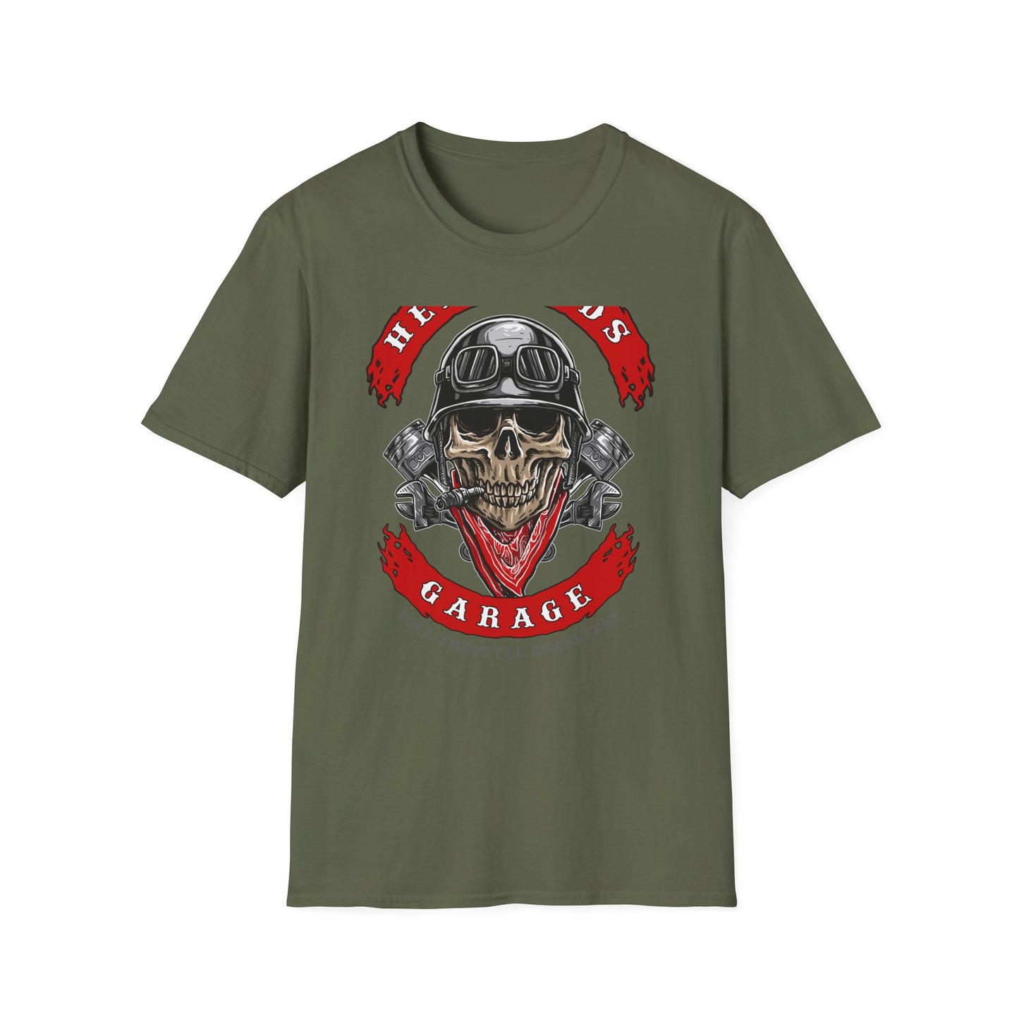 Epic Biker Skull T-Shirt: Hellroads Garage Full Throttle Design - Vintage Mechanic & Hot Rod Tee