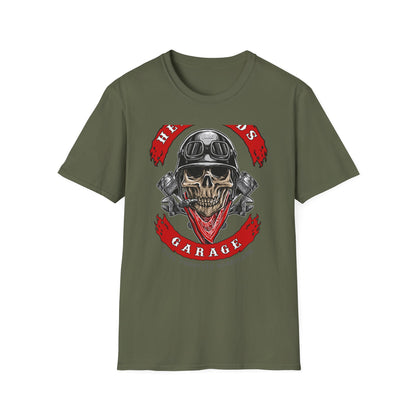 Epic Biker Skull T-Shirt: Hellroads Garage Full Throttle Design - Vintage Mechanic & Hot Rod Tee
