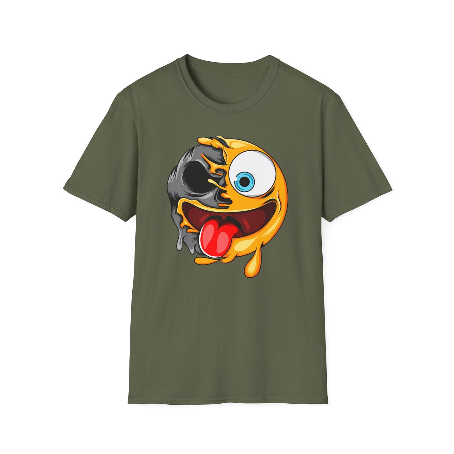 Unique Melting Skull Smiley Face T-Shirt - Vibrant Edgy Cartoon Graphic Tee for Pop Culture Fans