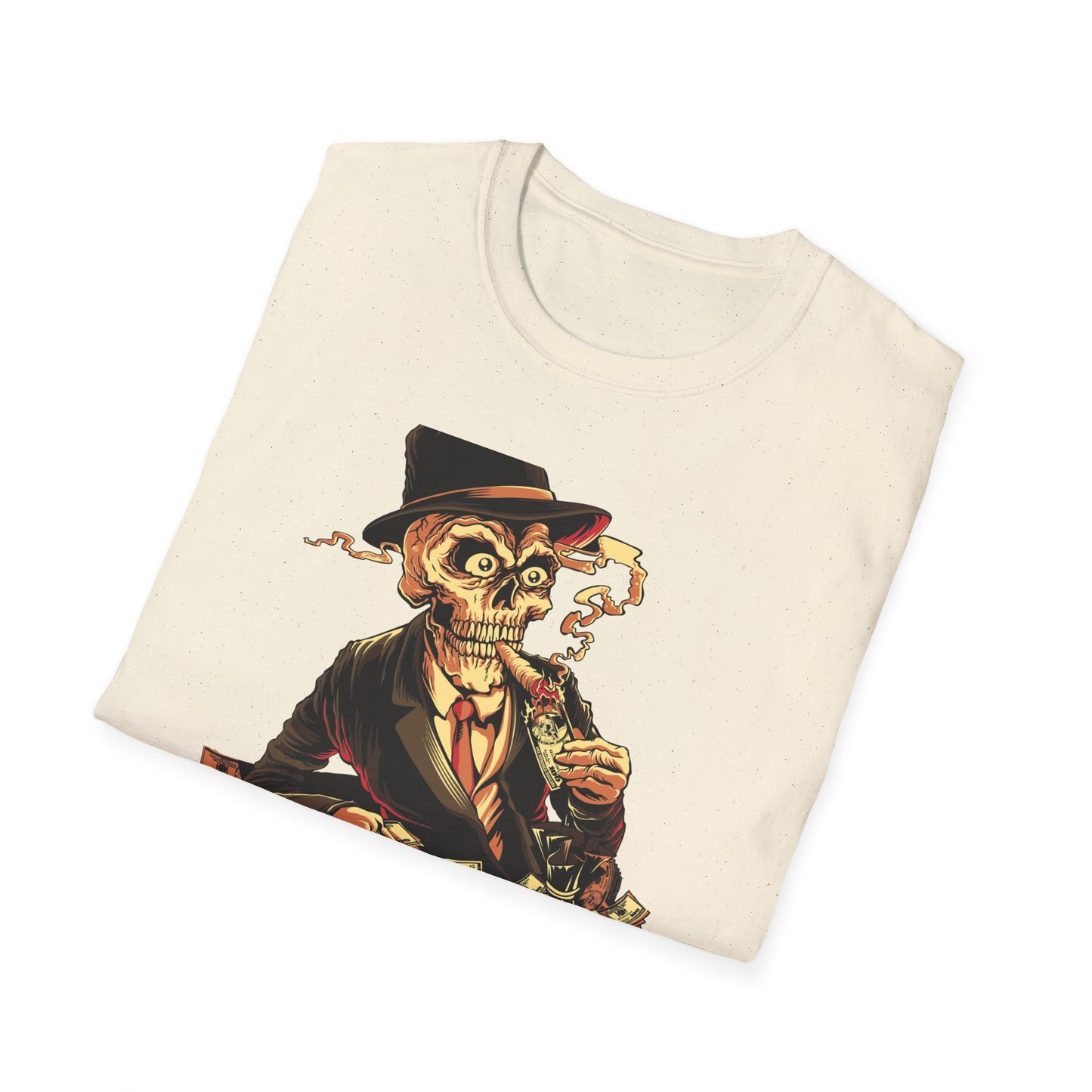 Epic Billionaire Skeleton T-Shirt: Dapper Skull, Money Stacks & Burning Dollar Cigar - Ultimate Hustle Tee