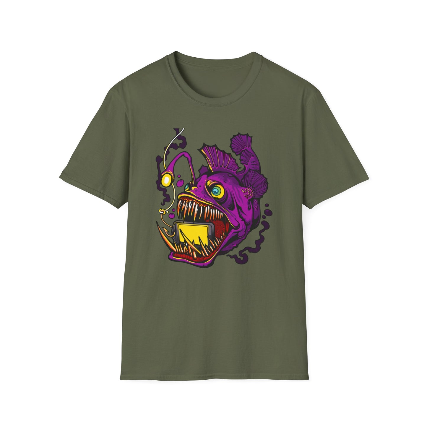 Fierce Anglerfish Smartphone T-Shirt - Deep Sea Tech Monster Graphic Tee | Unique & Trendy Gift for Gamers
