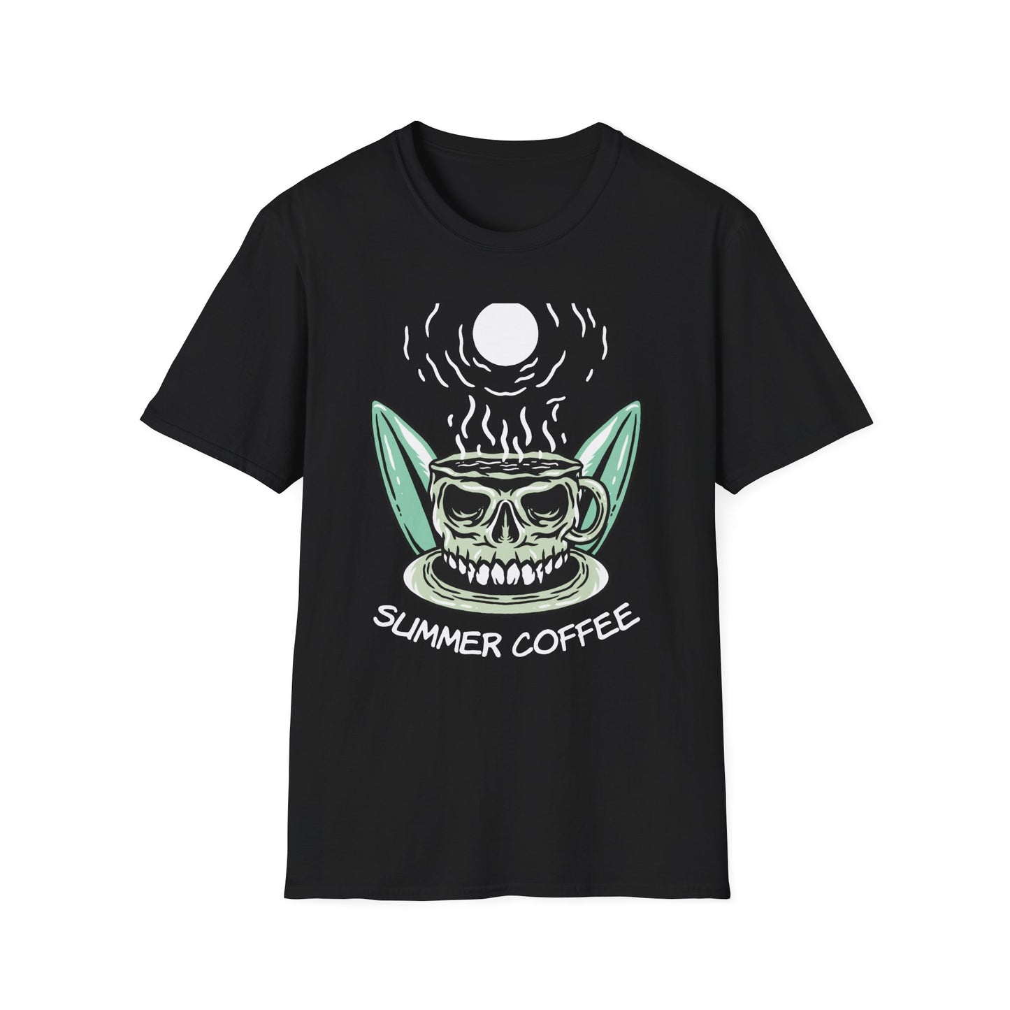 Skull Coffee Surfboard T-Shirt | Edgy Summer Beach Vibes Tee | Unique Design for Coffee Lovers & Surfers
