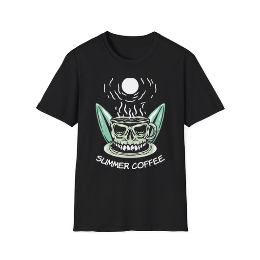 Skull Coffee Surfboard T-Shirt | Edgy Summer Beach Vibes Tee | Unique Design for Coffee Lovers & Surfers