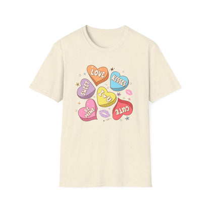 Adorable Retro Conversation Hearts T-Shirt - Sweet Valentine's Day Love & Kisses Graphic Tee - Charming Gift for Her