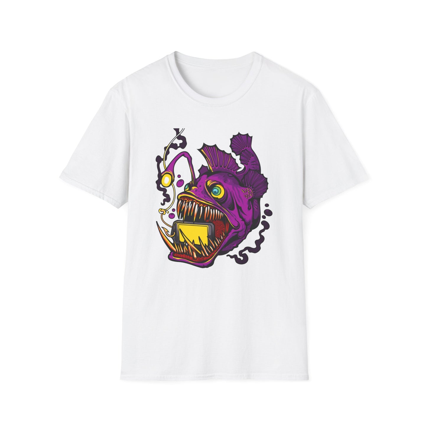 Fierce Anglerfish Smartphone T-Shirt - Deep Sea Tech Monster Graphic Tee | Unique & Trendy Gift for Gamers