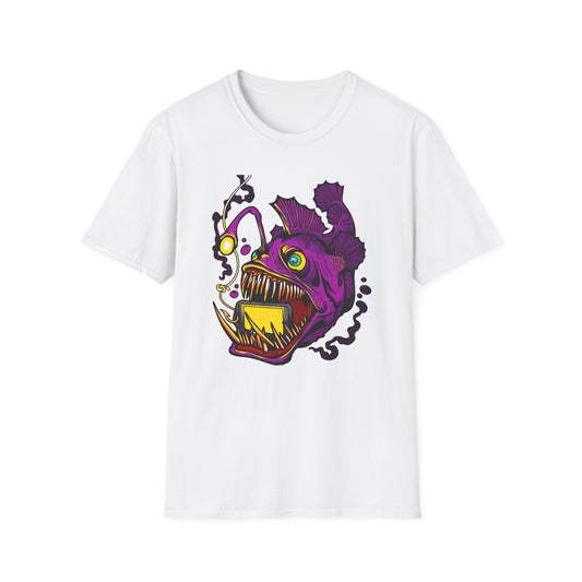 Fierce Anglerfish Smartphone T-Shirt - Deep Sea Tech Monster Graphic Tee | Unique & Trendy Gift for Gamers