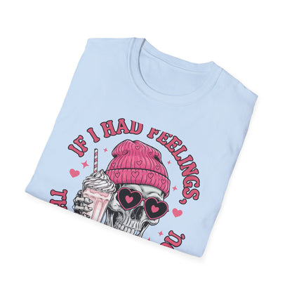 Sassy Skull Feelings T-Shirt - Trendy Pink Beanie & Heart Glasses Milkshake Tee | Funny Anti-Valentine's Edgy Humor Gift