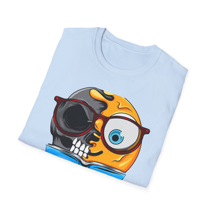 Clever Duality T-Shirt: Smart Skull & Emoji Bookworm Reader Tee for Unique Minds. Striking Graphic Top Gift.