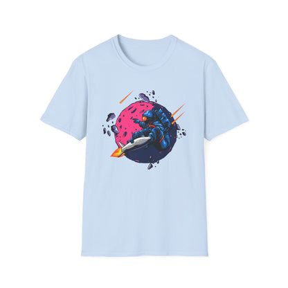 Epic Space Surfer Astronaut T-Shirt | Thrilling Galactic Rocket Ride Design Tee for Sci-Fi & Adventure Fans
