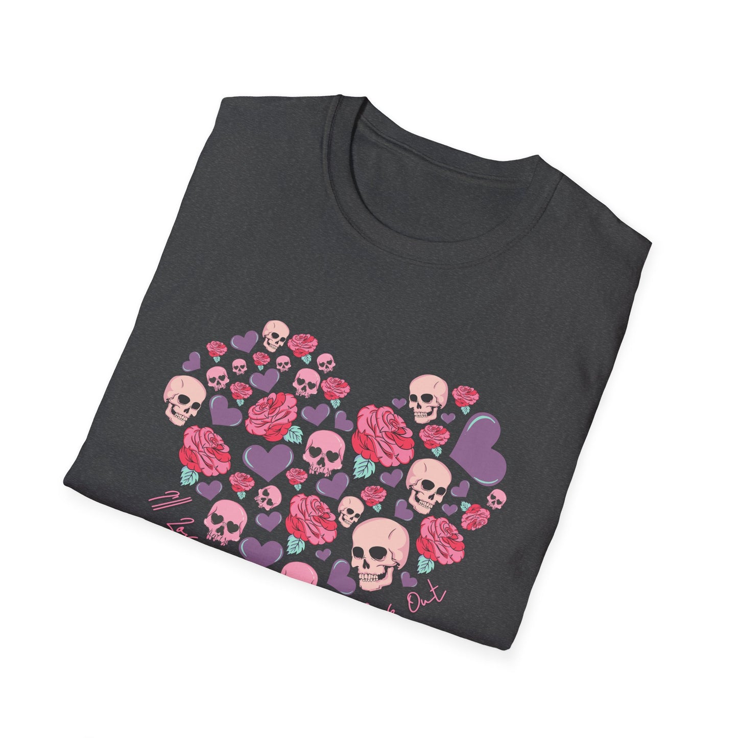 Captivating Goth Skulls & Roses Heart T-Shirt | Edgy 'Love You Till My Lungs Give Out' Tee | Unique Dark Romance Apparel Gift