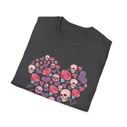 Captivating Goth Skulls & Roses Heart T-Shirt | Edgy 'Love You Till My Lungs Give Out' Tee | Unique Dark Romance Apparel Gift