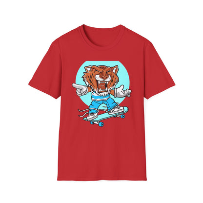 Rad Roaring Tiger Skateboard T-Shirt | Fierce Skater Mascot Graphic Tee for Extreme Style