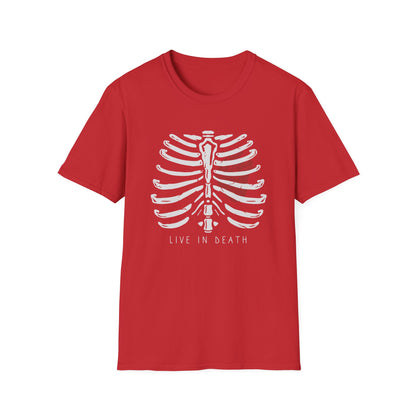 Striking "Live In Death" Skeleton Rib Cage & Red Heart T-Shirt | Unique Anatomical Goth Tee | Deep Meaning Statement Apparel