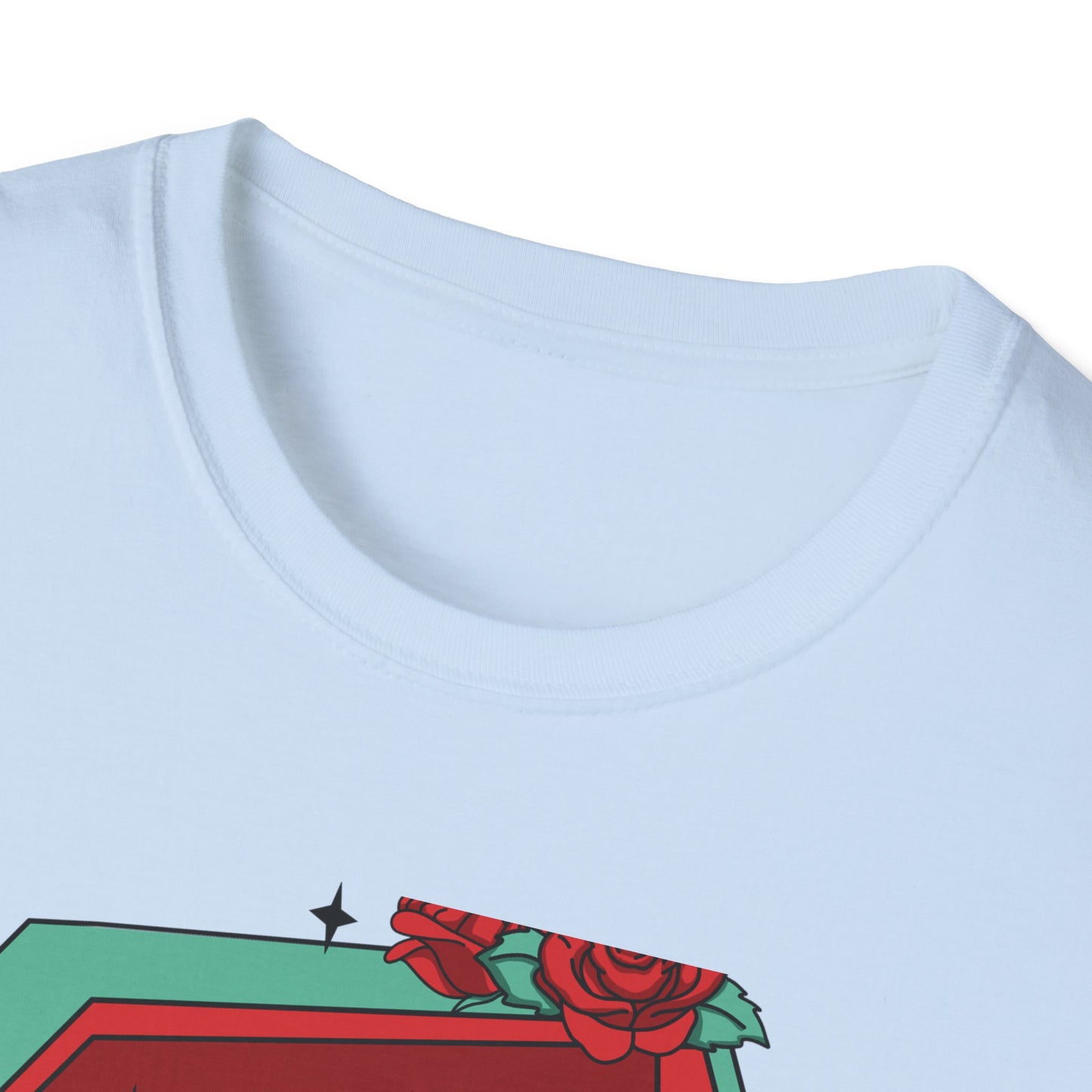 Chill Skeleton in Coffin T-Shirt | Unique Spooky Cute Goth Tee with Red Roses | Ultimate Alternative Style
