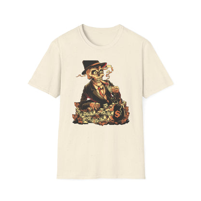Epic Billionaire Skeleton T-Shirt: Dapper Skull, Money Stacks & Burning Dollar Cigar - Ultimate Hustle Tee