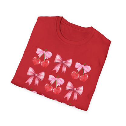 Delightful Pink Bow & Heart Cherry T-Shirt - Adorable Lovecore Aesthetic Tee for Her | Sweet Valentine's Gift
