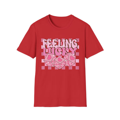 Feeling Lucky Groovy T-Shirt | Pink Heart Dice Retro Aesthetic Tee | Trendy Y2K Cute Sparkling Top for Women & Teens