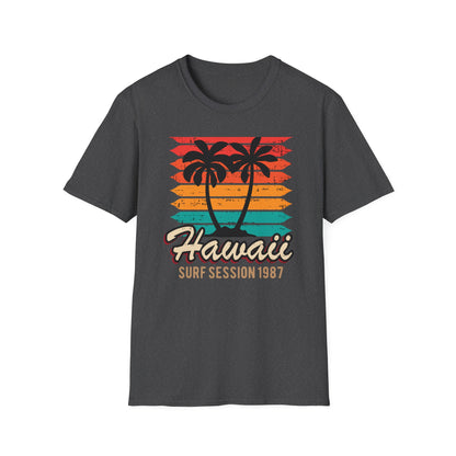 Awesome Vintage Hawaii Surf Session 1987 T-Shirt | Retro Palm Tree Beach Sunset Tee for 80s Style