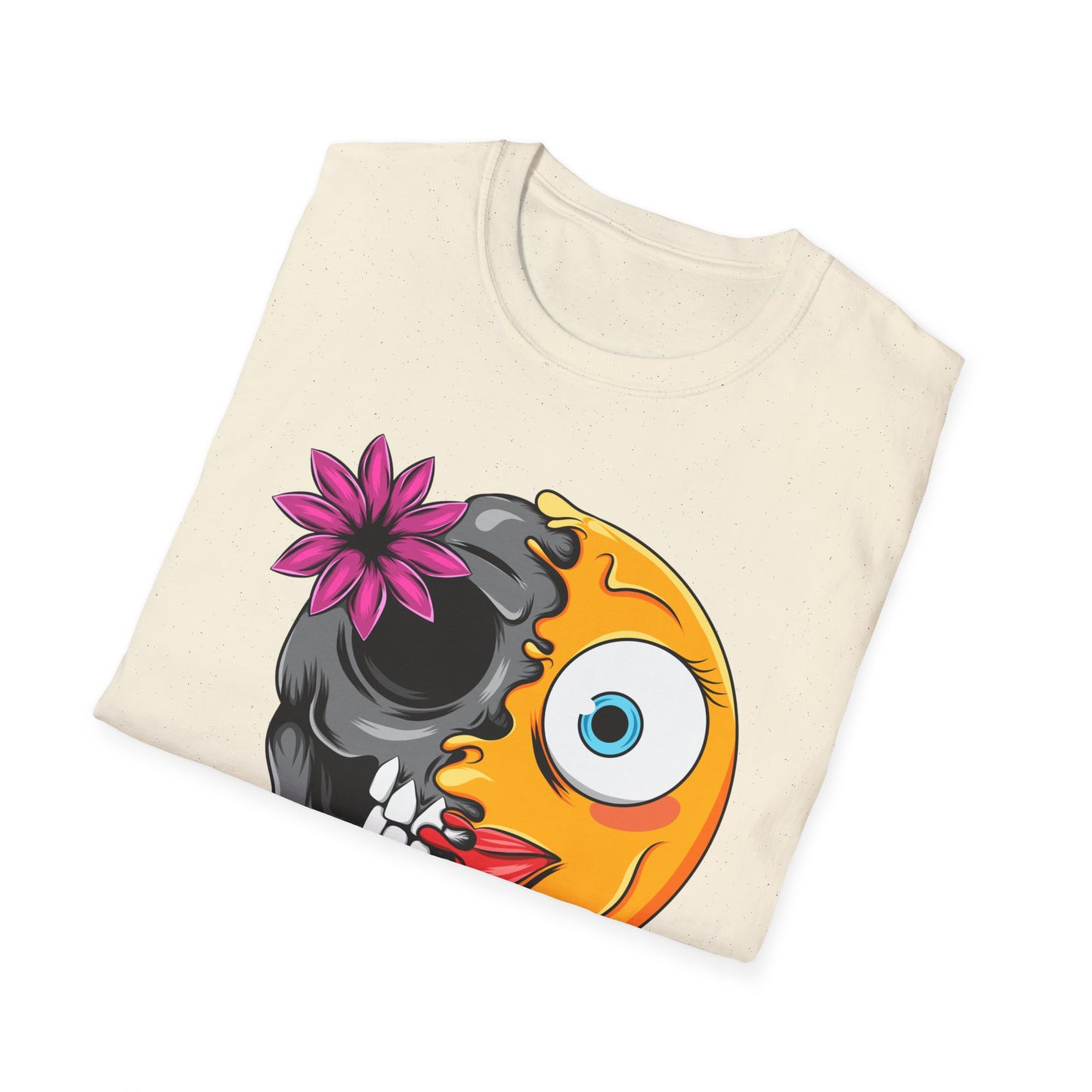 Striking Melting Emoji Skull T-Shirt – Unique Duality Graphic Tee for Edgy, Alternative & Goth Styles