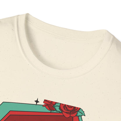 Chill Skeleton in Coffin T-Shirt | Unique Spooky Cute Goth Tee with Red Roses | Ultimate Alternative Style