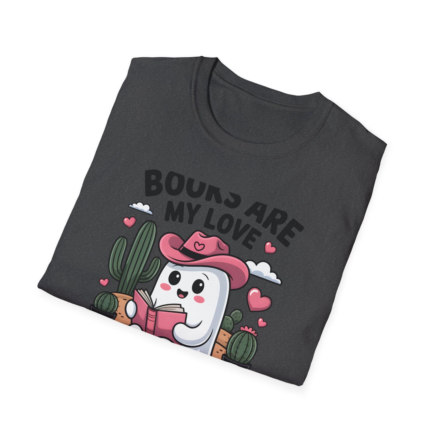 Adorable Reading Ghost T-Shirt | “Books Are My Love Language” Pink Cowboy Ghost Tee | Unique Book Lover Gift