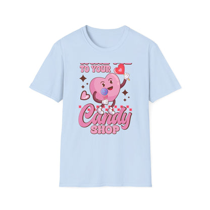 Sweet & Groovy 'Take Me To Your Candy Shop' T-Shirt | Adorable Retro Heart Lollipop Tee | Perfect Valentine's Day Gift for Candy Lovers
