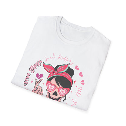Sassy Skull 'Free Hugs Just Kidding' T-Shirt | Edgy Pink Heart Sunglasses & Broken Hearts Tee | Funny Personal Space Gift for Her