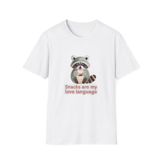 Adorable Raccoon "Snacks Are My Love Language" T-Shirt | Funny Foodie Tee | Unique Embroidered Style Gift