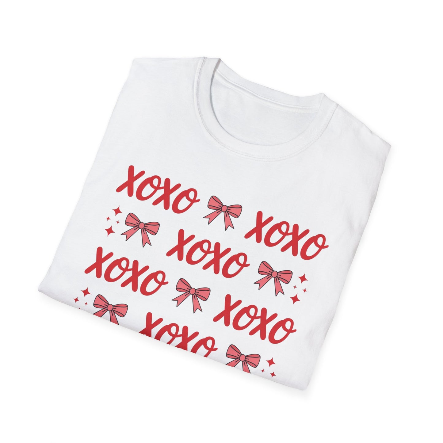 Adorable XOXO Bows & Sparkles T-Shirt | Sweet Hugs & Kisses Valentine's Day Tee for Women | Charming Romantic Gift