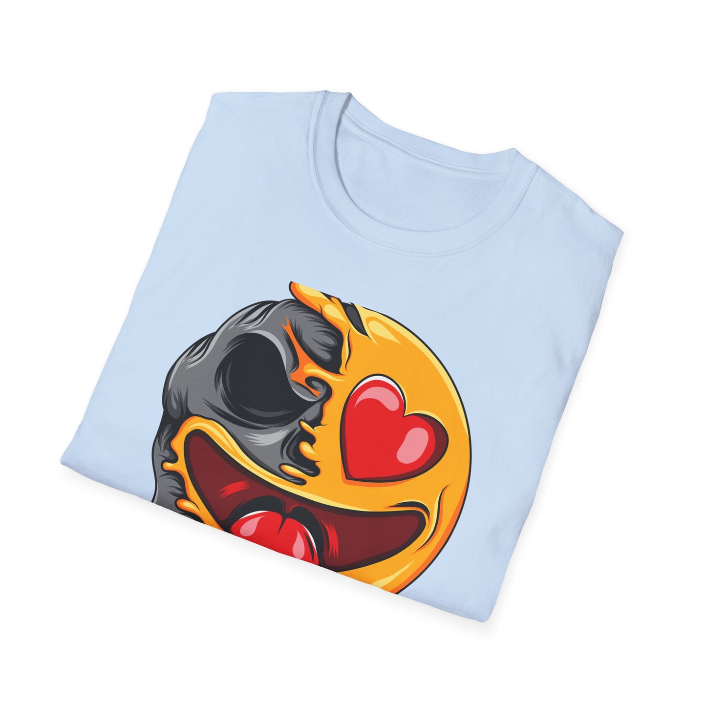 Melting Love Skull Emoji T-Shirt | Edgy Heart Eye Graphic Tee - Unique Streetwear & Dark Humor Apparel