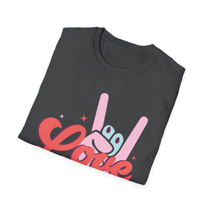 Epic Groovy 'Love Rocks' T-Shirt | Retro Rock On Hand Gesture Tee | Vibrant Vintage Music Lover Top