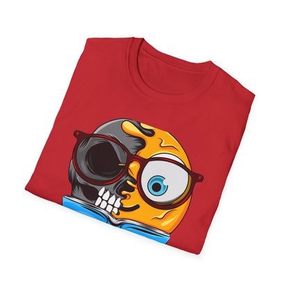 Clever Duality T-Shirt: Smart Skull & Emoji Bookworm Reader Tee for Unique Minds. Striking Graphic Top Gift.