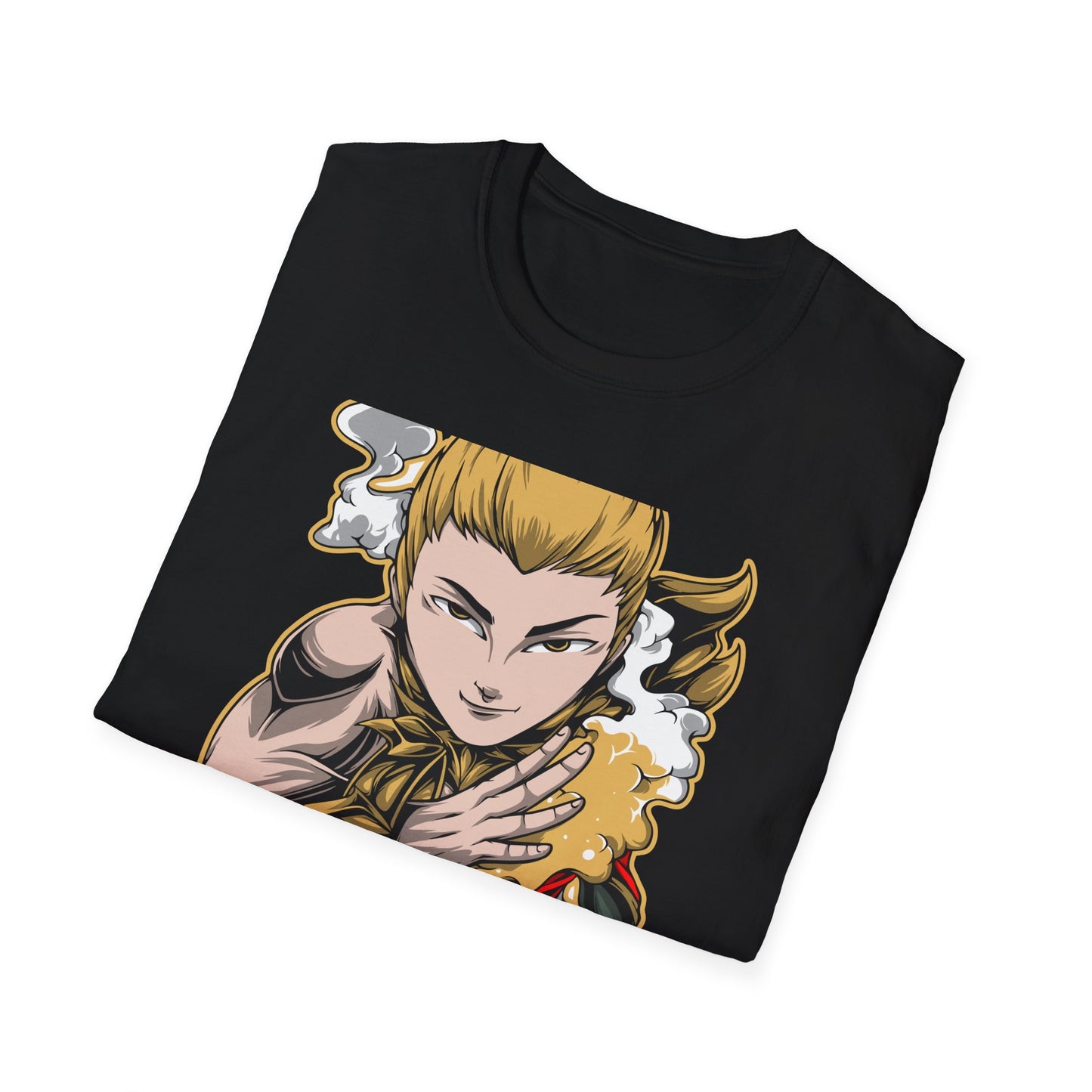 Captivating Mythic Hero T-Shirt | Dynamic Golden Warrior Anime Style Graphic Tee for Gamers & Fantasy Fans