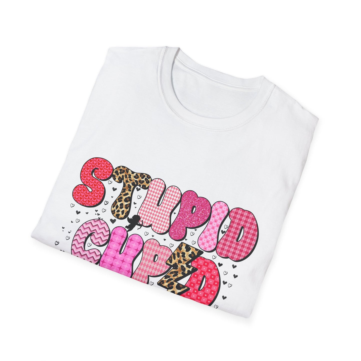 Edgy "Stupid Cupid" T-Shirt - Sarcastic Anti-Valentine's Day Tee with Retro Leopard & Glitter Patterns