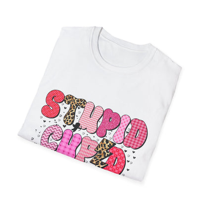 Edgy "Stupid Cupid" T-Shirt - Sarcastic Anti-Valentine's Day Tee with Retro Leopard & Glitter Patterns