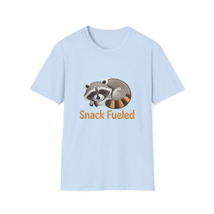 Adorable "Snack Fueled" Sleeping Raccoon T-Shirt | Cozy Animal Lover Tee - Perfect Funny Gift for Foodies & Nappers!