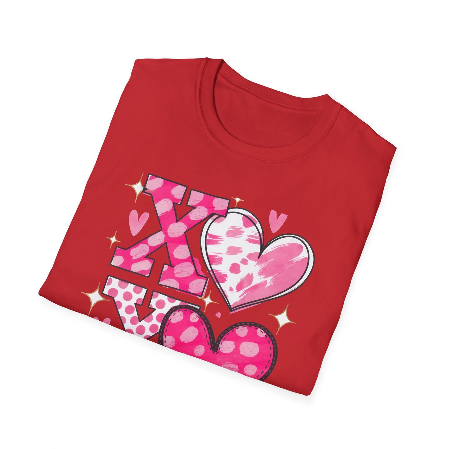 Sparkling XOXO Love Hearts T-Shirt | Chic Pink Polka Dot & Brushstroke Tee | Perfect Valentine's Day & Everyday Wear
