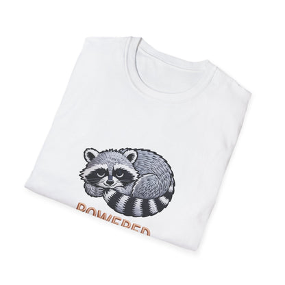 Powered By Snacks Adorable Raccoon T-Shirt | Funny Foodie Animal Lover Tee | Hilarious Snack Enthusiast Gift
