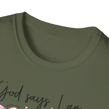 Empowering God Says I Am T-Shirt | Christian Affirmation Pink Bow Tee | Inspiring Bible Verse Faith Apparel for Women & Girls