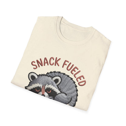 Adorable "Snack Fueled" Raccoon T-Shirt | Funny Embroidered Wildlife Tee for Animal Lovers | Cute & Cozy Gift